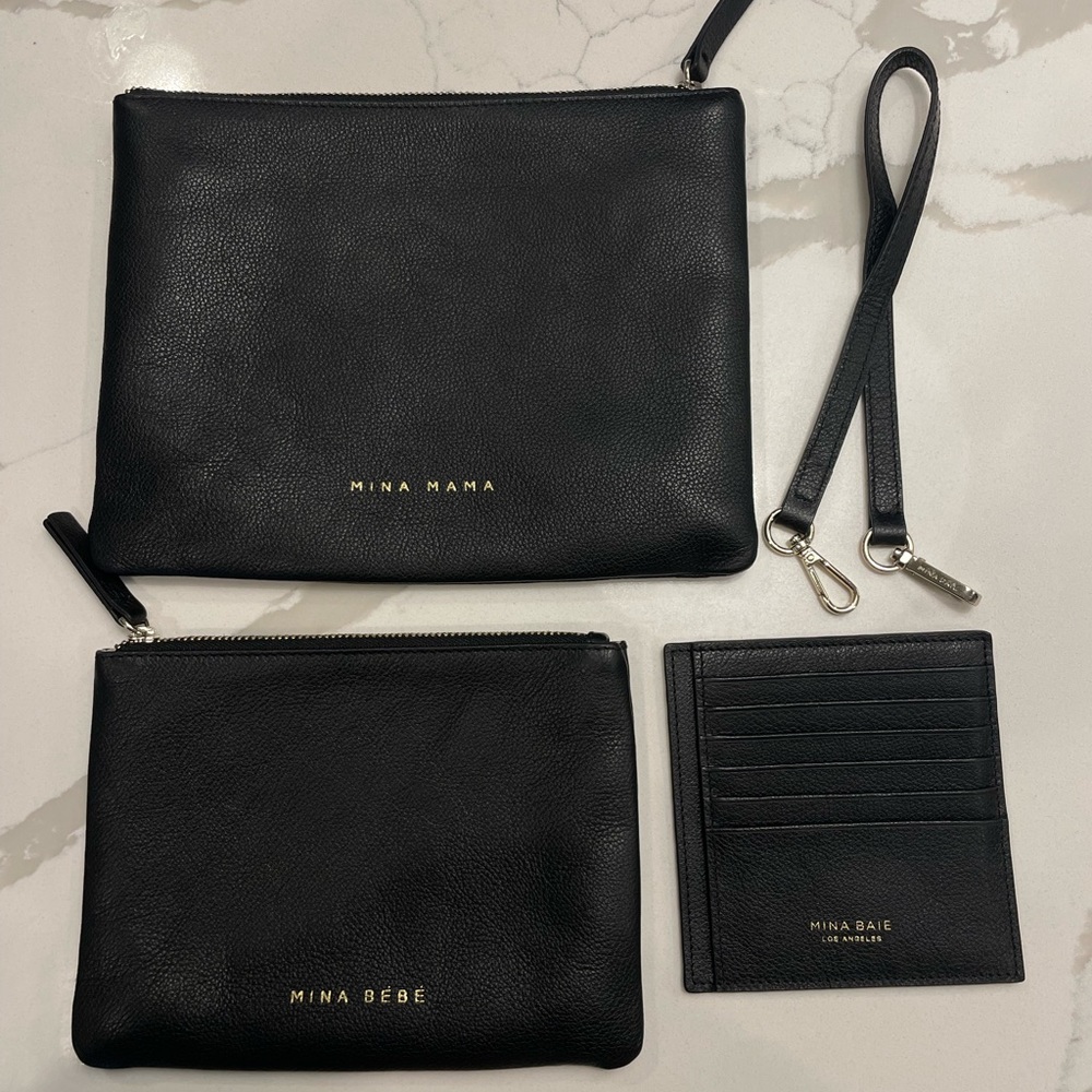 Mina Baie MINA Mama & Bebe Pouch Set with Cardholder and Strap - Black and Gold